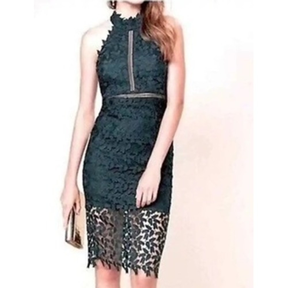 BARDOT Gemma Dress Size 8 Forest Green Lace Halter Midi Wedding Guest Cocktail